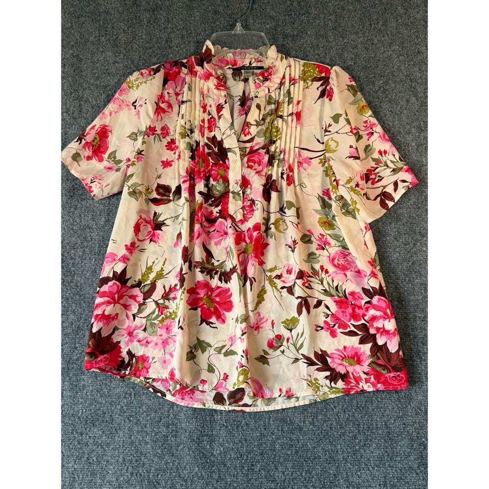 T Tahari Floral‎ Pintuck Blouse Top, Womens XS Short Sleeve Pink Green